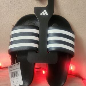 Adidas Kids Black and White Striped Slides